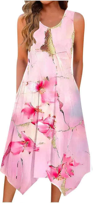 Women Casual Dress Summer Tank Dresses Loose Flowy Beach Dress with Pocket Hankerchief Flare Flowy Midi Sundress 2025