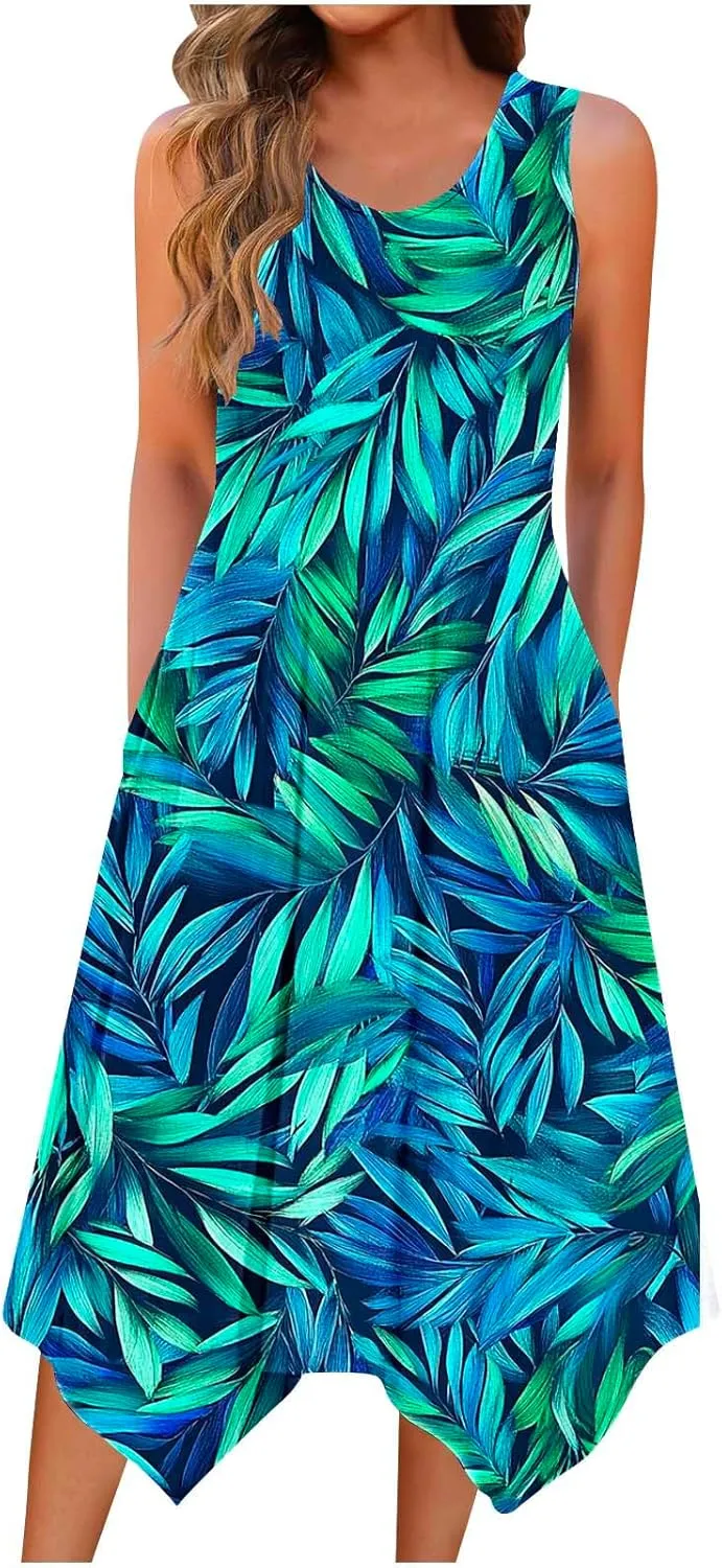 Women Casual Dress Summer Tank Dresses Loose Flowy Beach Dress with Pocket Hankerchief Flare Flowy Midi Sundress 2025