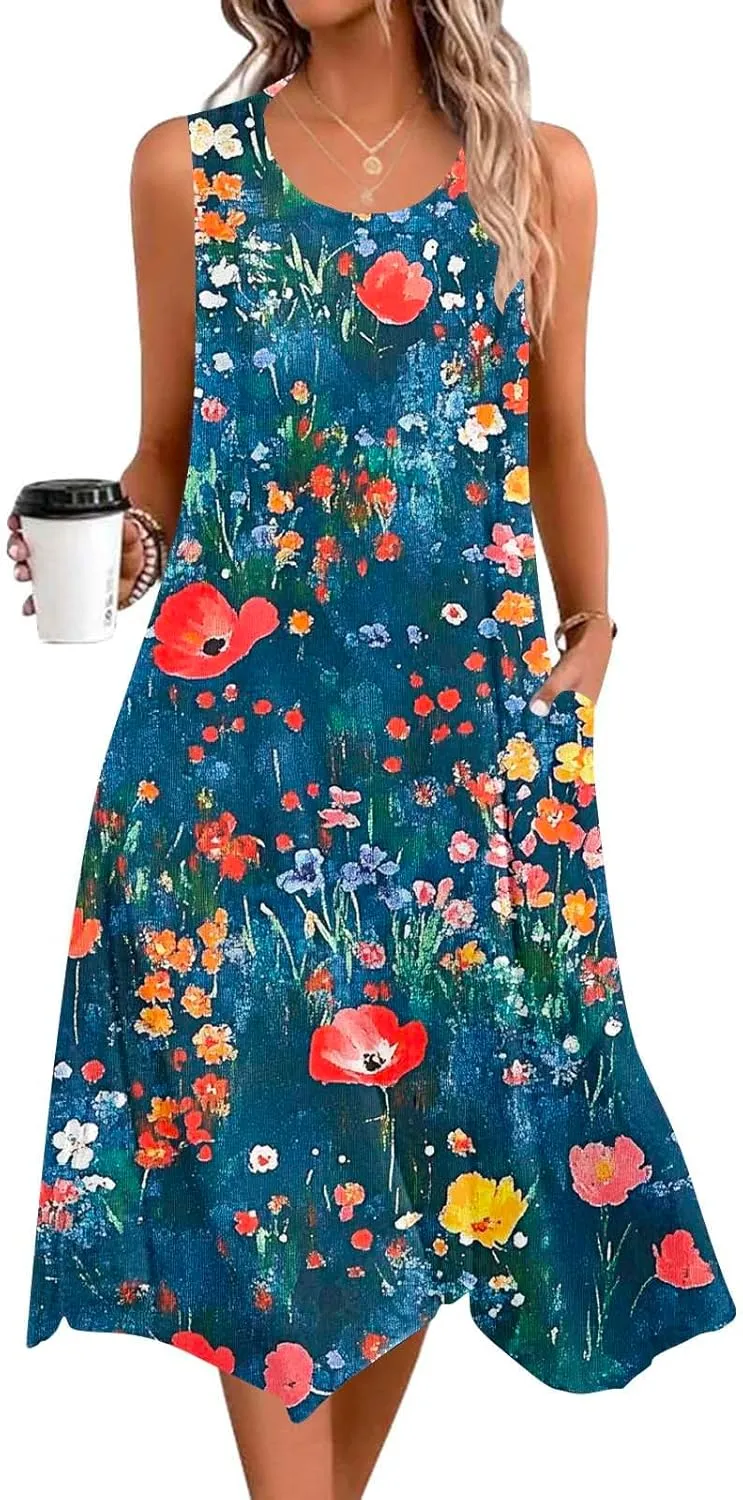 Women Casual Dress Summer Tank Dresses Loose Flowy Beach Dress with Pocket Hankerchief Flare Flowy Midi Sundress 2025