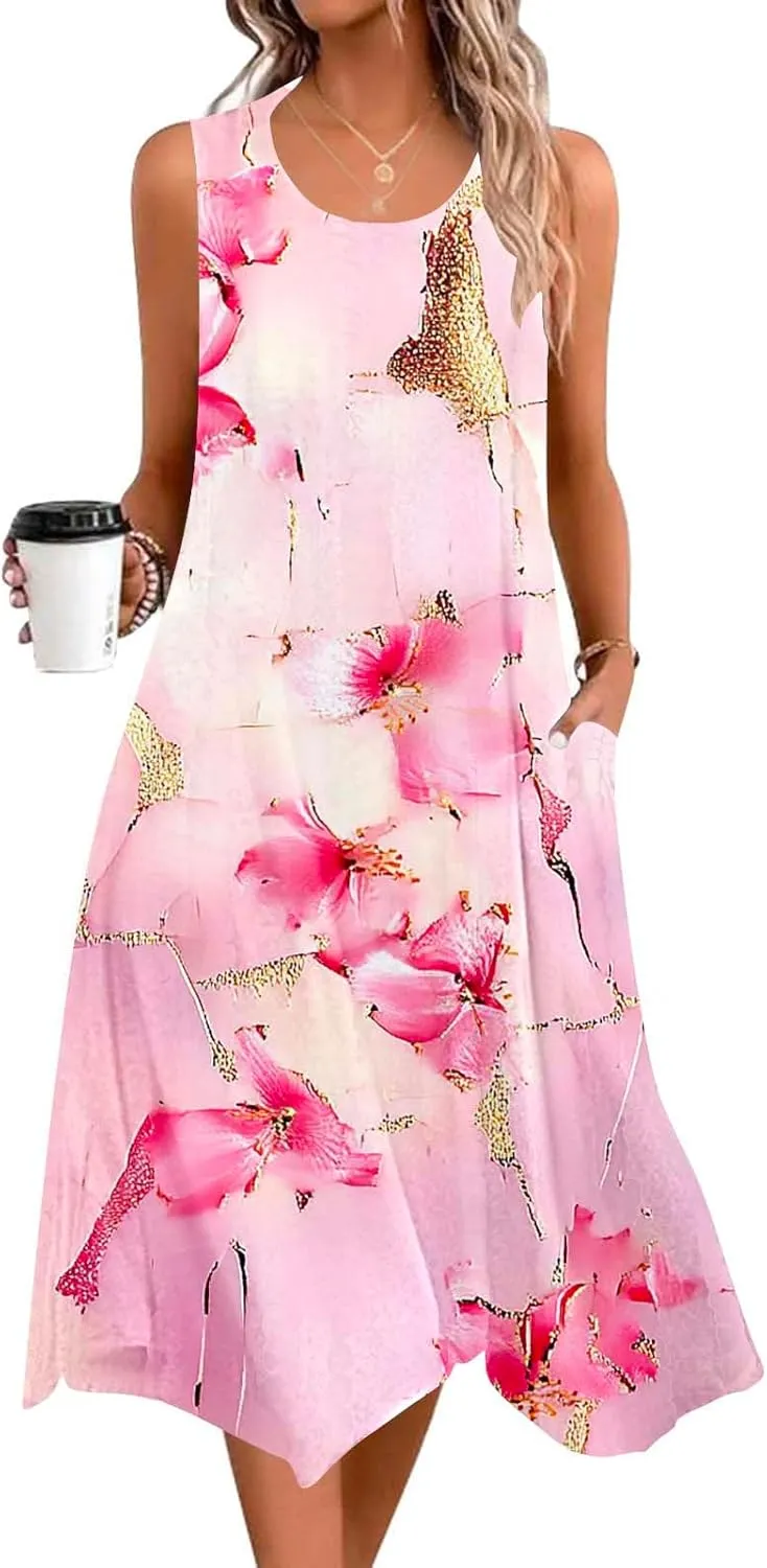 Women Casual Dress Summer Tank Dresses Loose Flowy Beach Dress with Pocket Hankerchief Flare Flowy Midi Sundress 2025
