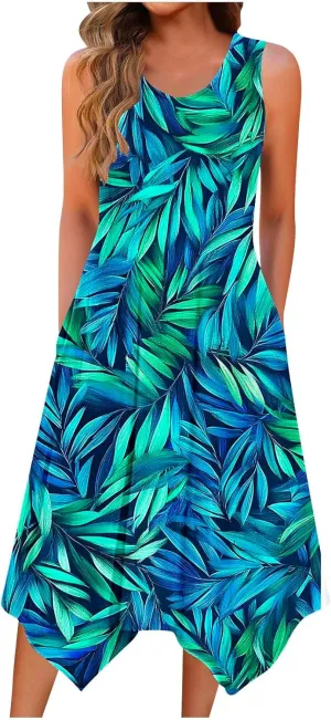 Women Casual Dress Summer Tank Dresses Loose Flowy Beach Dress with Pocket Hankerchief Flare Flowy Midi Sundress 2025