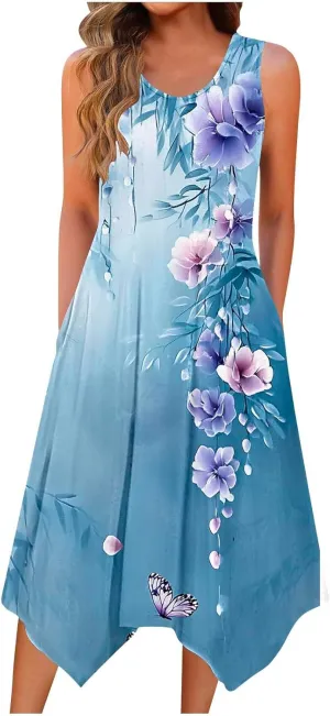 Women Casual Dress Summer Tank Dresses Loose Flowy Beach Dress with Pocket Hankerchief Flare Flowy Midi Sundress 2025