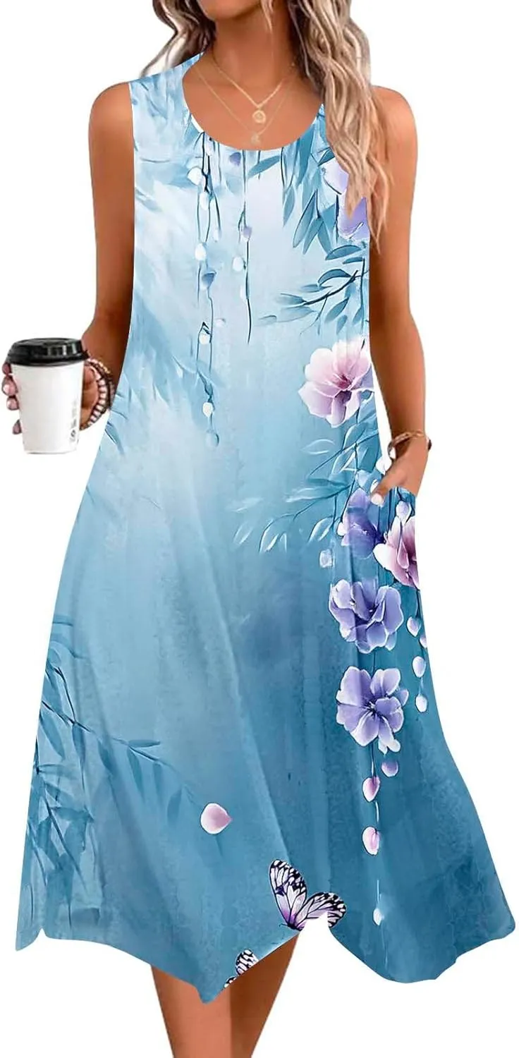 Women Casual Dress Summer Tank Dresses Loose Flowy Beach Dress with Pocket Hankerchief Flare Flowy Midi Sundress 2025