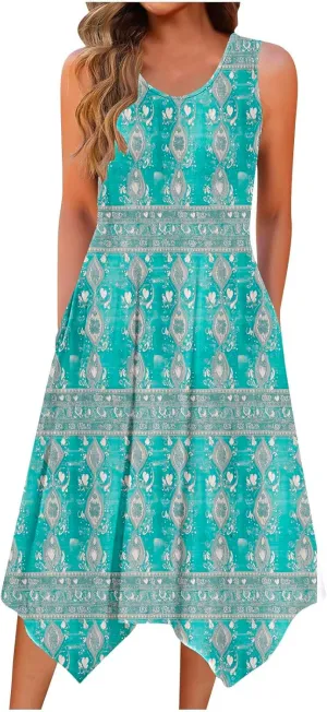 Women Casual Dress Summer Tank Dresses Loose Flowy Beach Dress with Pocket Hankerchief Flare Flowy Midi Sundress 2025