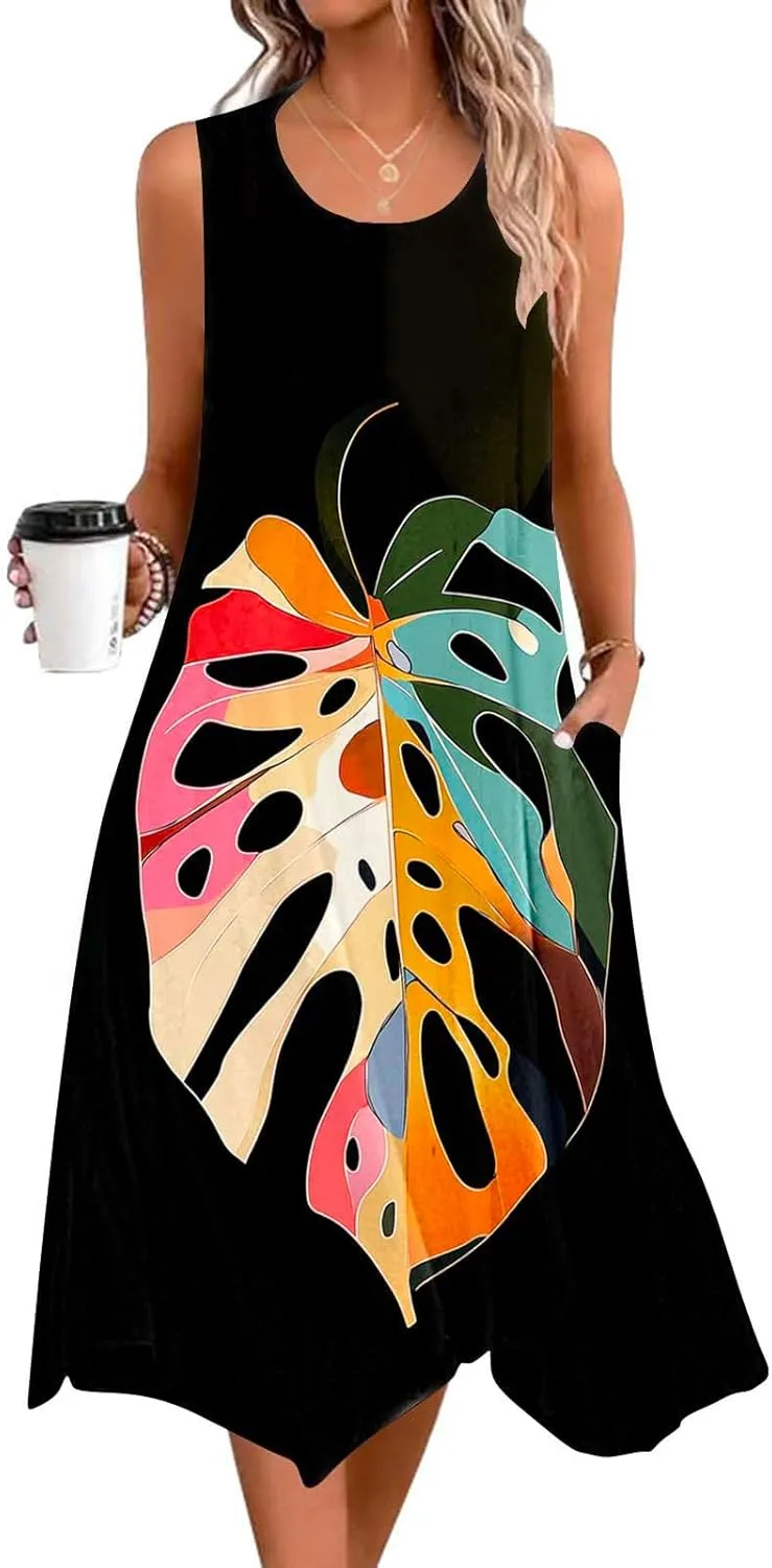 Women Casual Dress Summer Tank Dresses Loose Flowy Beach Dress with Pocket Hankerchief Flare Flowy Midi Sundress 2025