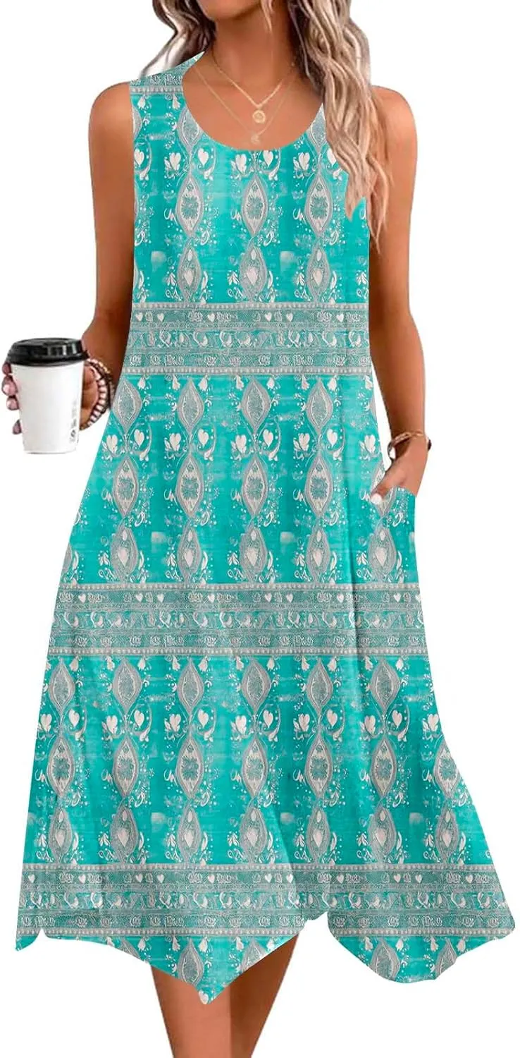 Women Casual Dress Summer Tank Dresses Loose Flowy Beach Dress with Pocket Hankerchief Flare Flowy Midi Sundress 2025