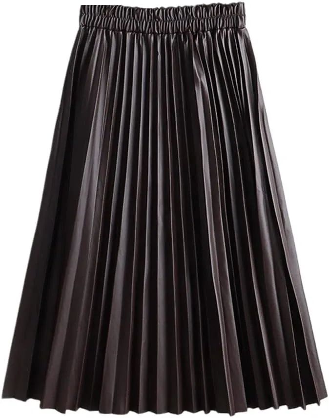 Women Faux Leather Midi Skirt Vintage A-Line High Waist Pleated Skirt Knee Length