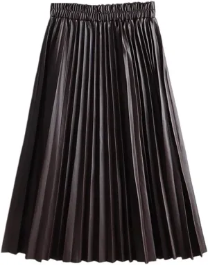 Women Faux Leather Midi Skirt Vintage A-Line High Waist Pleated Skirt Knee Length