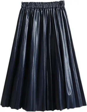Women Faux Leather Midi Skirt Vintage A-Line High Waist Pleated Skirt Knee Length