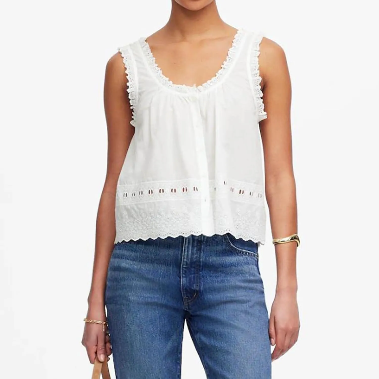 Women Lace Trim Tank Top Vneck Sleeveless Eyelet Embroidery Peplum Shirt Y2k Going Out Vacation Flowy Cami Shirt