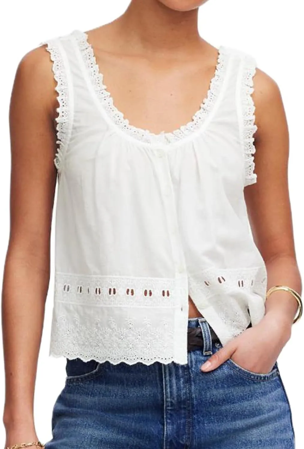 Women Lace Trim Tank Top Vneck Sleeveless Eyelet Embroidery Peplum Shirt Y2k Going Out Vacation Flowy Cami Shirt
