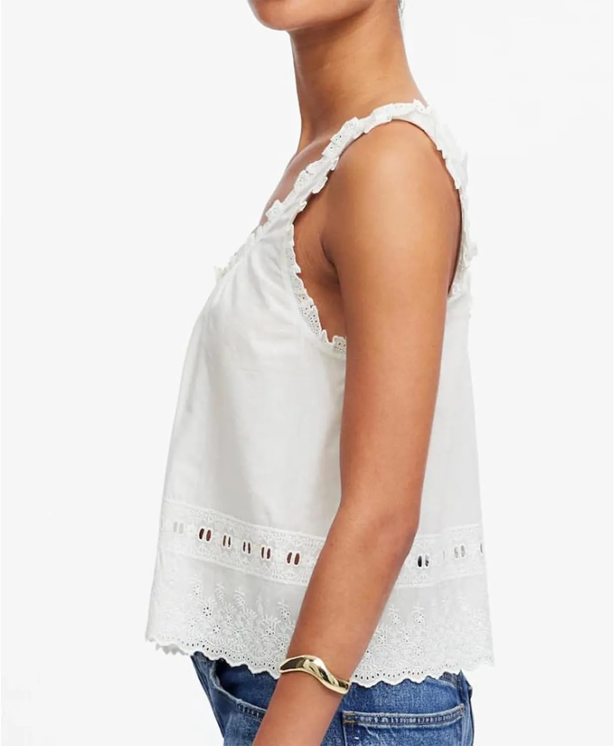 Women Lace Trim Tank Top Vneck Sleeveless Eyelet Embroidery Peplum Shirt Y2k Going Out Vacation Flowy Cami Shirt