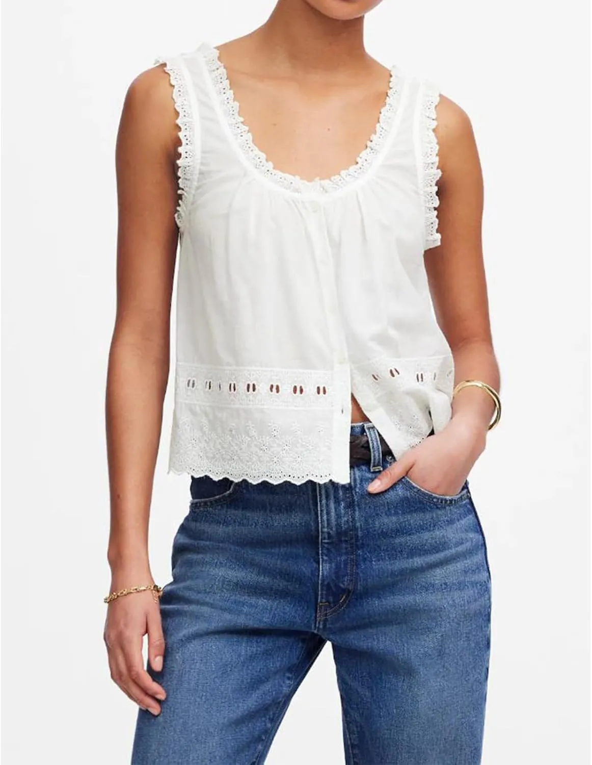 Women Lace Trim Tank Top Vneck Sleeveless Eyelet Embroidery Peplum Shirt Y2k Going Out Vacation Flowy Cami Shirt