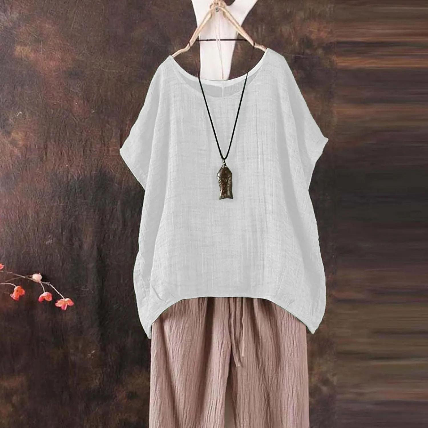 Women Linen Tops 2025 Summer Casual Crewneck Short Sleeve Shirts Plus Size Loose Comfy Gauze Peasant Blouses