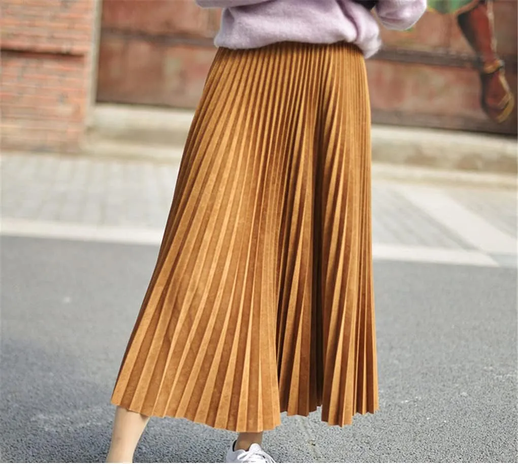 Women Suede Skirt Long Pleated Skirts Two Layer Vintage Midi Skirt