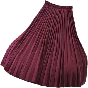 Women Suede Skirt Long Pleated Skirts Two Layer Vintage Midi Skirt