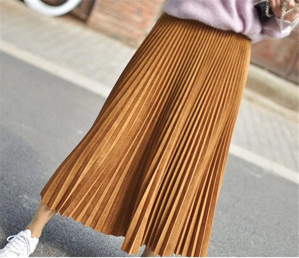 Women Suede Skirt Long Pleated Skirts Two Layer Vintage Midi Skirt