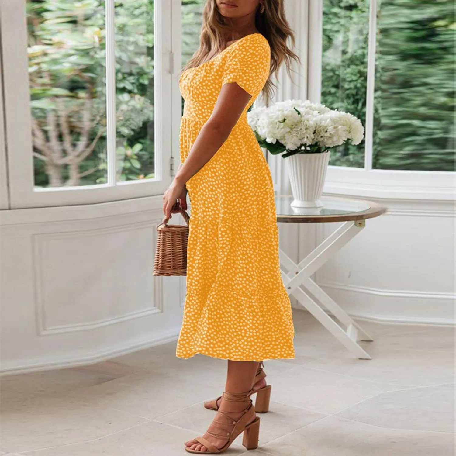 Women Summer Boho Dress Casual Beachwear Sundresses Flowy Floral Print Square Neck Ruffle Swing Long Maxi Dress