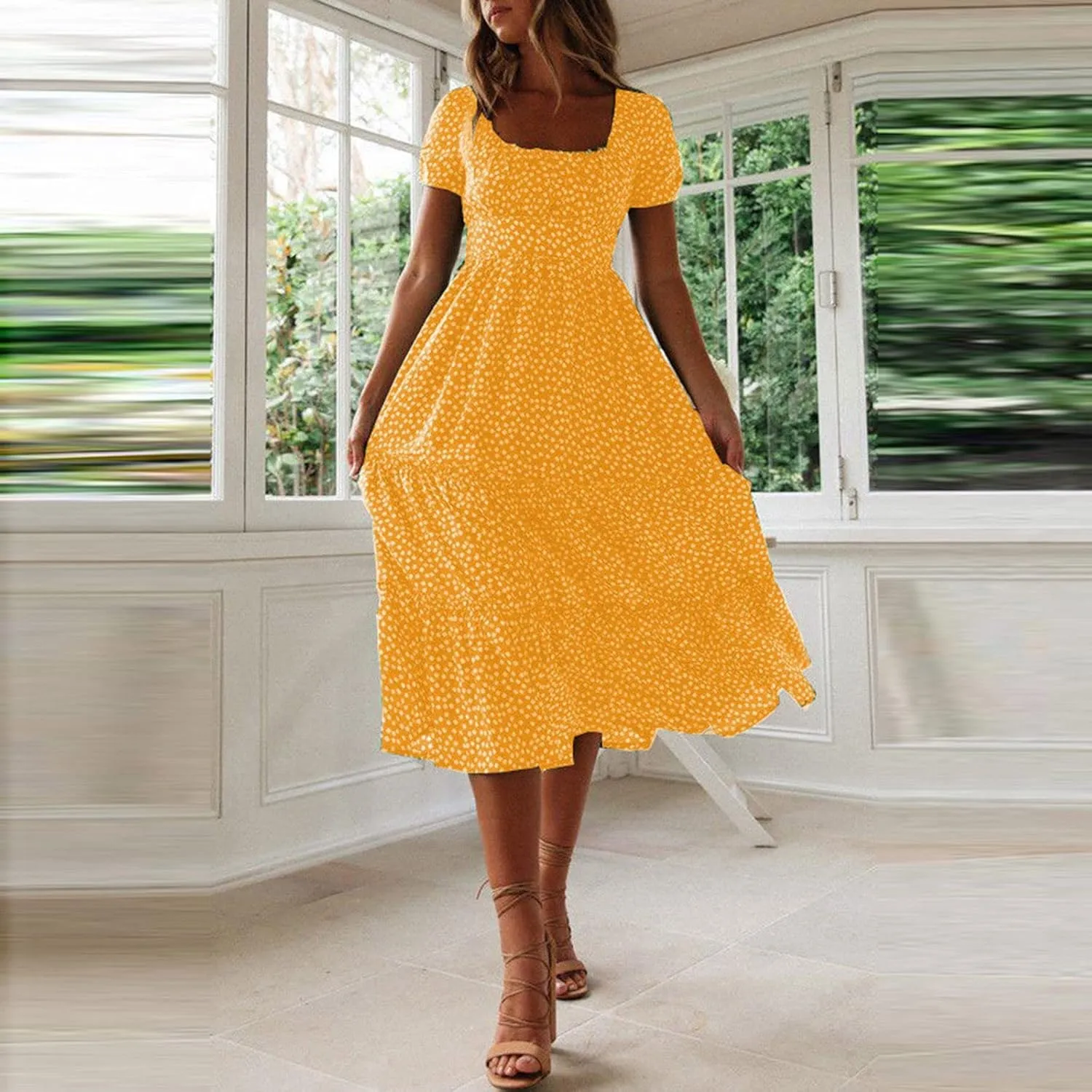 Women Summer Boho Dress Casual Beachwear Sundresses Flowy Floral Print Square Neck Ruffle Swing Long Maxi Dress
