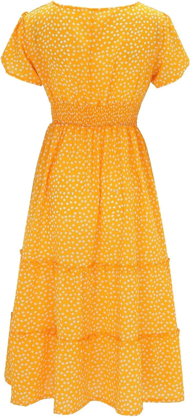 Women Summer Boho Dress Casual Beachwear Sundresses Flowy Floral Print Square Neck Ruffle Swing Long Maxi Dress