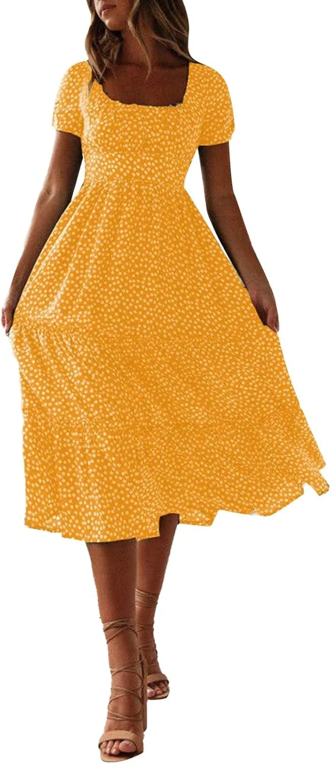 Women Summer Boho Dress Casual Beachwear Sundresses Flowy Floral Print Square Neck Ruffle Swing Long Maxi Dress