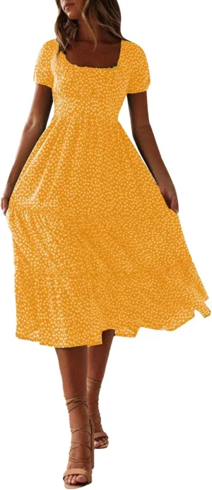 Women Summer Boho Dress Casual Beachwear Sundresses Flowy Floral Print Square Neck Ruffle Swing Long Maxi Dress