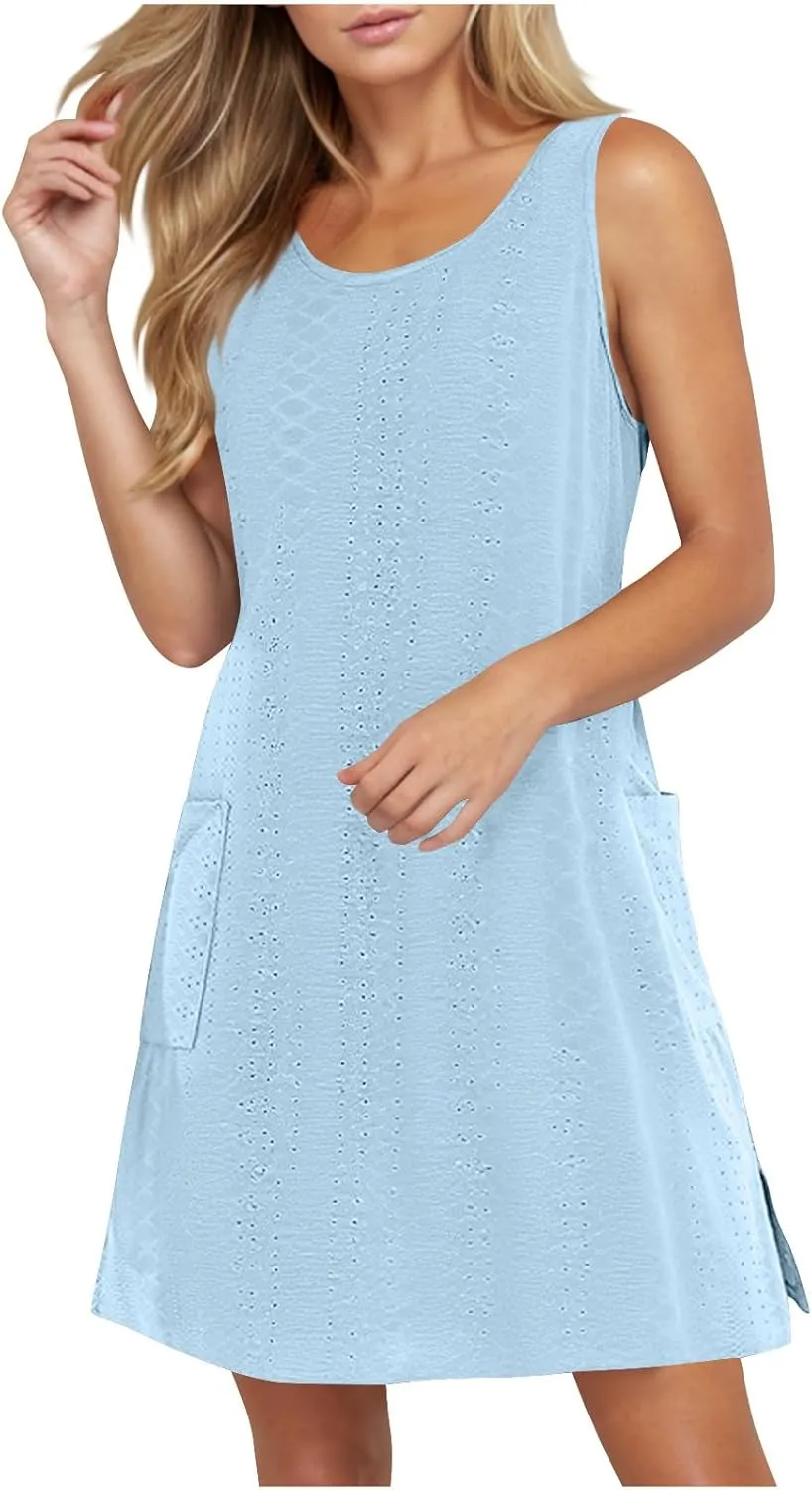 Women Summer Eyelet Tank Dresses with Pockets Casual Loose Crewneck Sleeveless Sundresses 2025 Trendy Beach Coverups