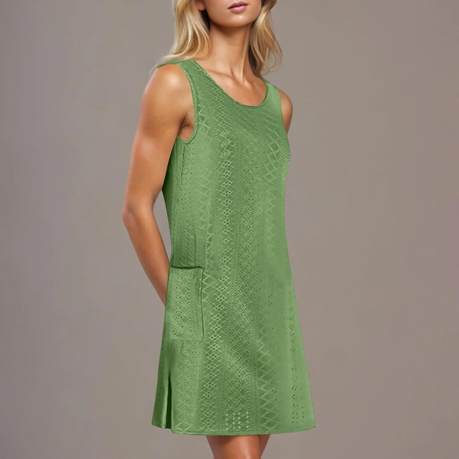 Women Summer Eyelet Tank Dresses with Pockets Casual Loose Crewneck Sleeveless Sundresses 2025 Trendy Beach Coverups
