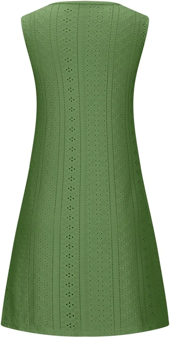 Women Summer Eyelet Tank Dresses with Pockets Casual Loose Crewneck Sleeveless Sundresses 2025 Trendy Beach Coverups