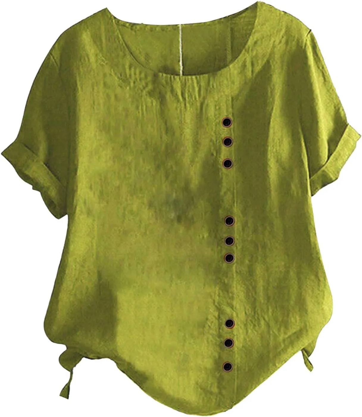 Women Summer Linen Shirts Short Sleeve Crewneck Side Button Retro Tops Casual Loose Fit Pullover Solid Comfy Blouses