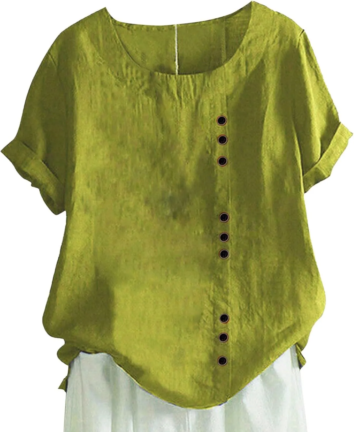 Women Summer Linen Shirts Short Sleeve Crewneck Side Button Retro Tops Casual Loose Fit Pullover Solid Comfy Blouses