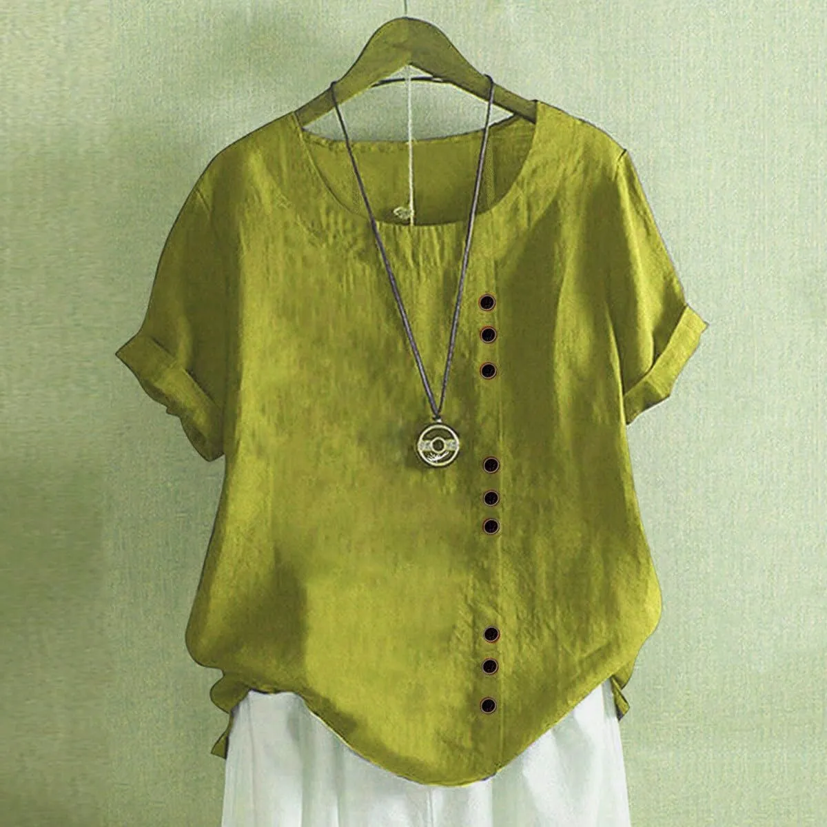 Women Summer Linen Shirts Short Sleeve Crewneck Side Button Retro Tops Casual Loose Fit Pullover Solid Comfy Blouses