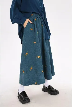Women Vintage Corduroy Long Skirt Y2K Fall Floral A-Line Dress Cottagecore Elestic Waisted Ruffle Maxi Skirt