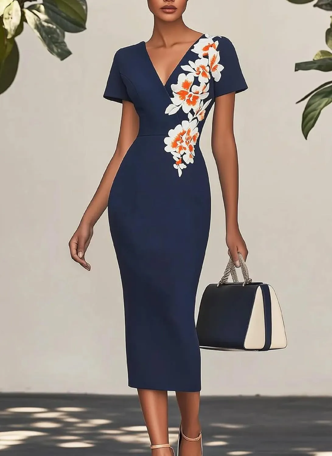 Women's 2025 Embroidered Floral Midi Dress Navy Elegant Workwear Dress Ideal for Professional Settings Daytime Events