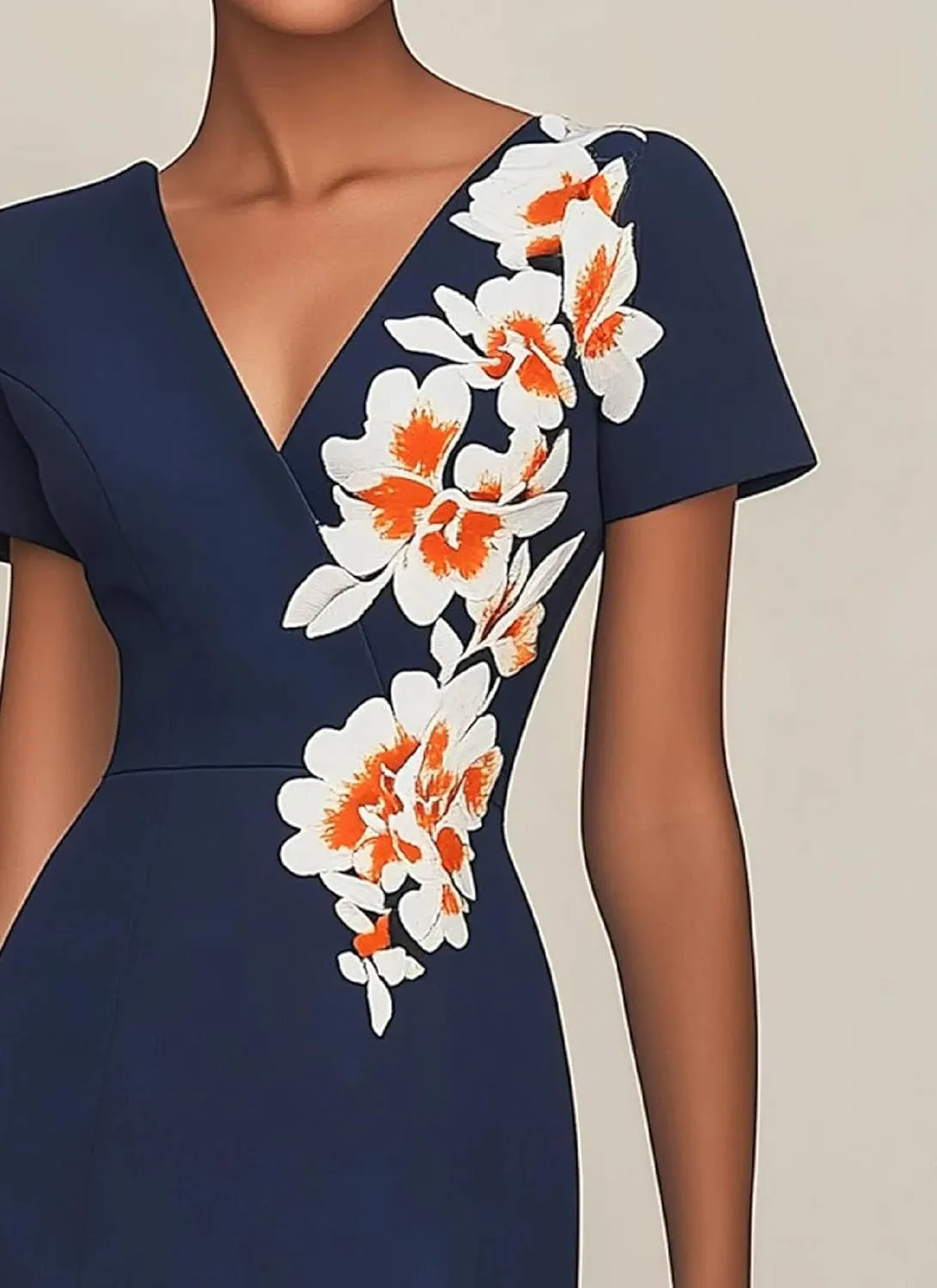 Women's 2025 Embroidered Floral Midi Dress Navy Elegant Workwear Dress Ideal for Professional Settings Daytime Events