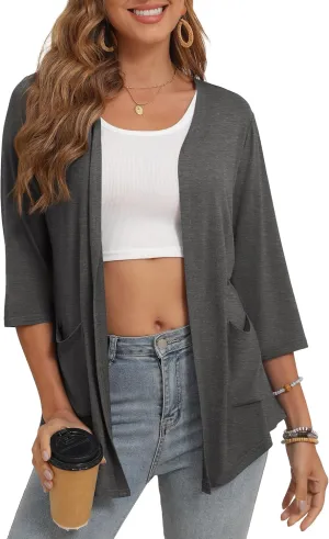 Women's 3/4 Sleeve Open Front Cardigan Casual Loose Lightweight Cardigans with Pockets