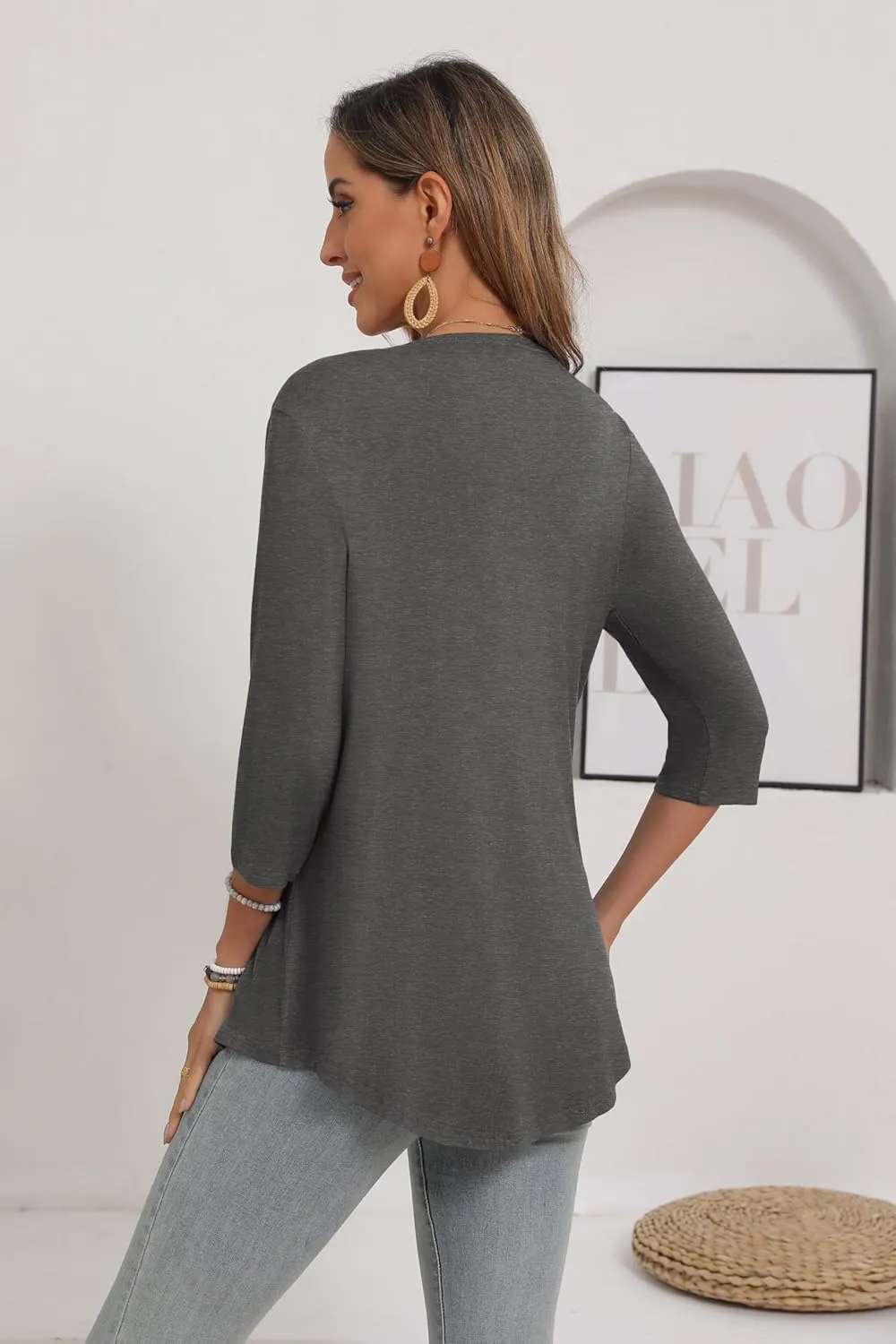 Women's 3/4 Sleeve Open Front Cardigan Casual Loose Lightweight Cardigans with Pockets