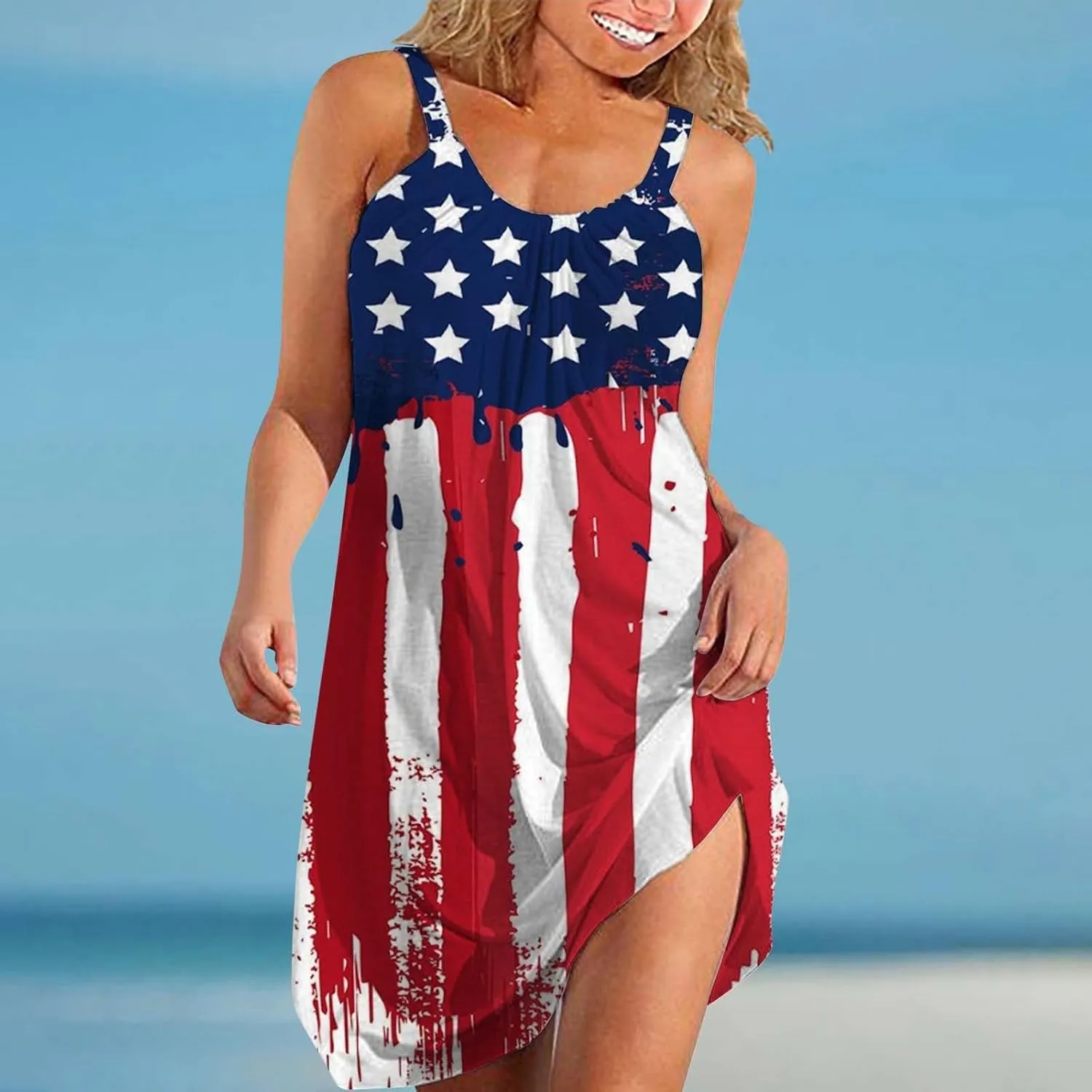 Women's 4th of July USA Flag Print Midi Slip Dress 2024 Summer Casual Beach Dress Plus Size Elegant Flowy Dresses