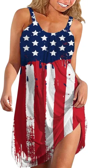 Women's 4th of July USA Flag Print Midi Slip Dress 2024 Summer Casual Beach Dress Plus Size Elegant Flowy Dresses