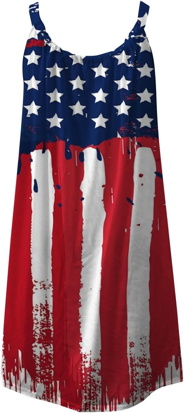 Women's 4th of July USA Flag Print Midi Slip Dress 2024 Summer Casual Beach Dress Plus Size Elegant Flowy Dresses
