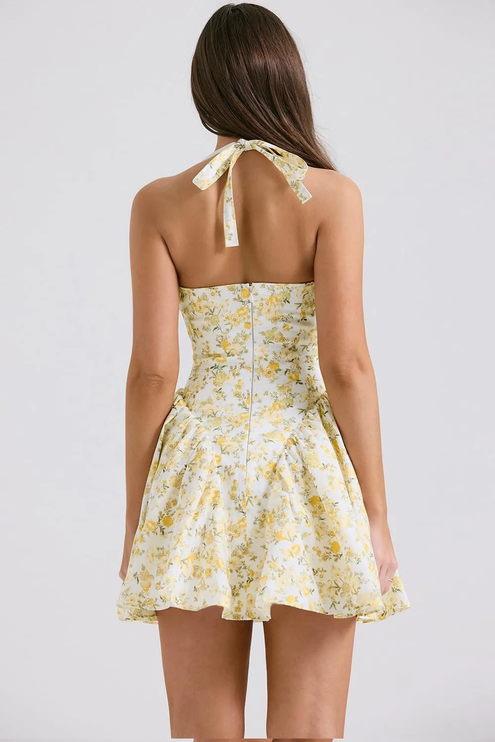 Women's Backless Halter Beach Dress Boho Floral Print Ruffle Deep V Neck Mini Sundress Summer Vacation Dresses