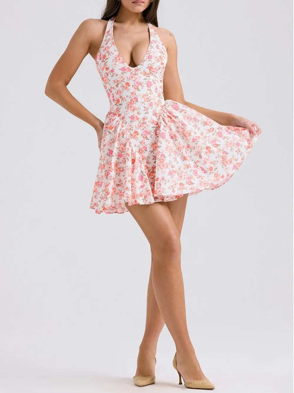 Women's Backless Halter Beach Dress Boho Floral Print Ruffle Deep V Neck Mini Sundress Summer Vacation Dresses