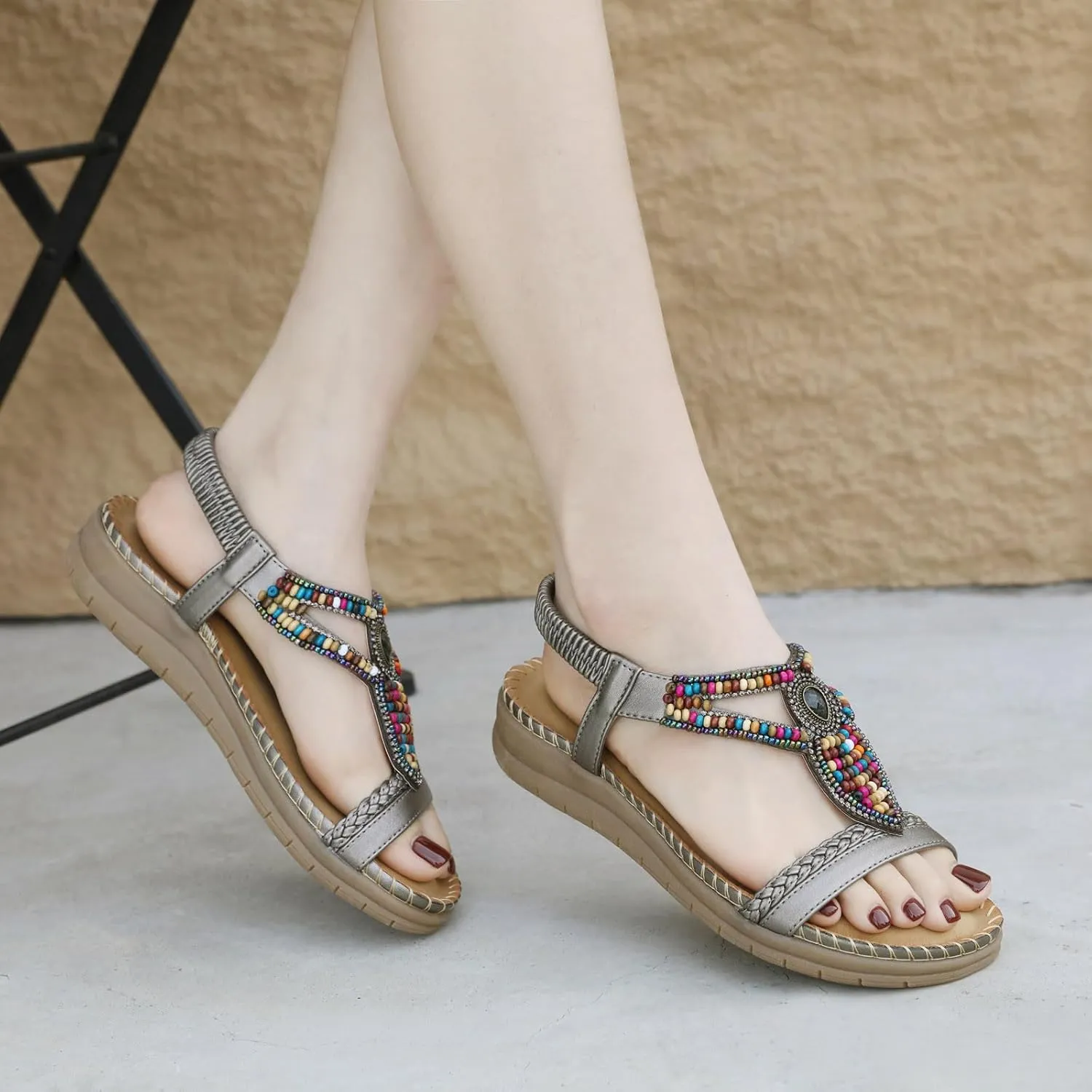 Women's Bohemian Elastic Strap Flat Thong Sandals Casual Summer Beach Slide Shoes for Outdoor Vacation Party