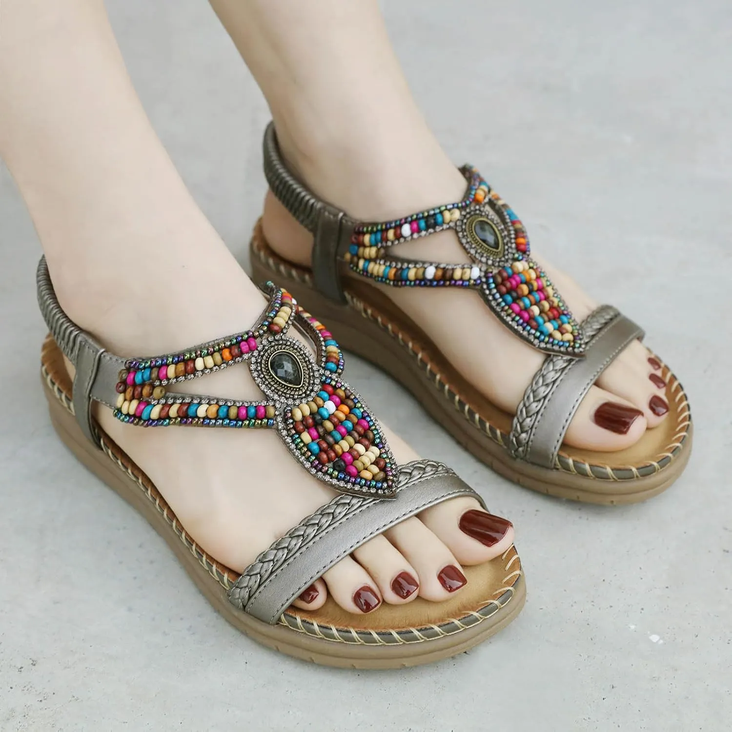 Women's Bohemian Elastic Strap Flat Thong Sandals Casual Summer Beach Slide Shoes for Outdoor Vacation Party