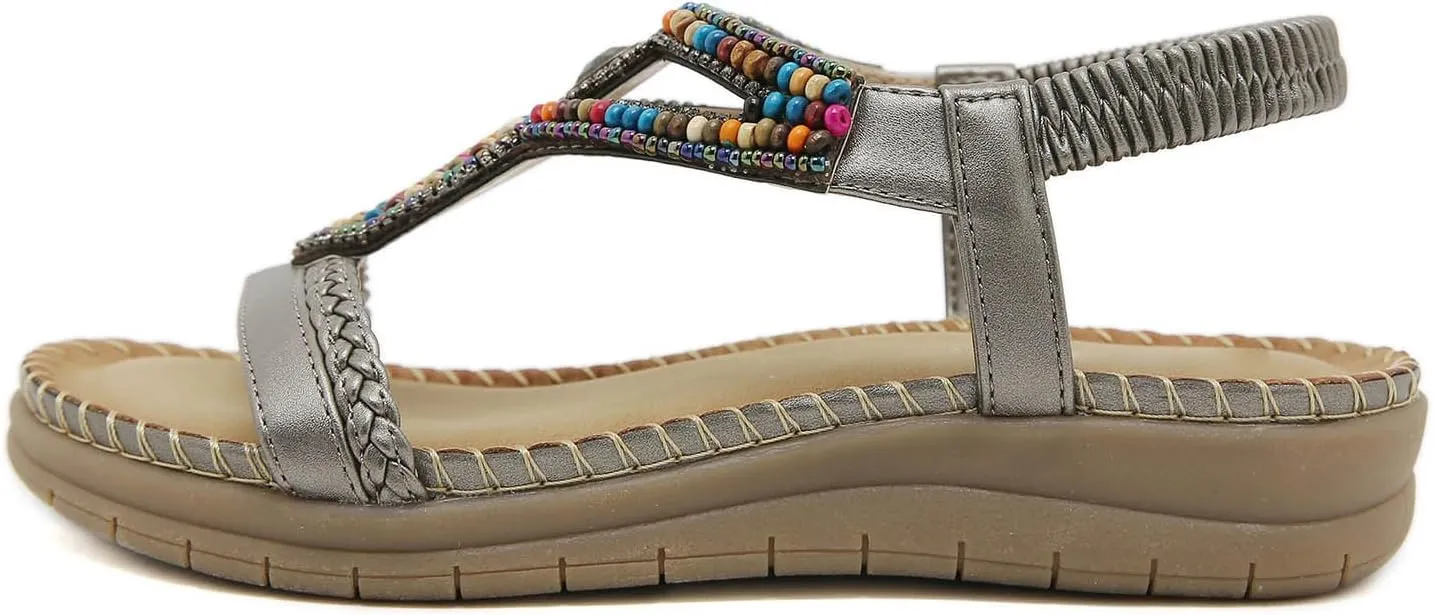 Women's Bohemian Elastic Strap Flat Thong Sandals Casual Summer Beach Slide Shoes for Outdoor Vacation Party