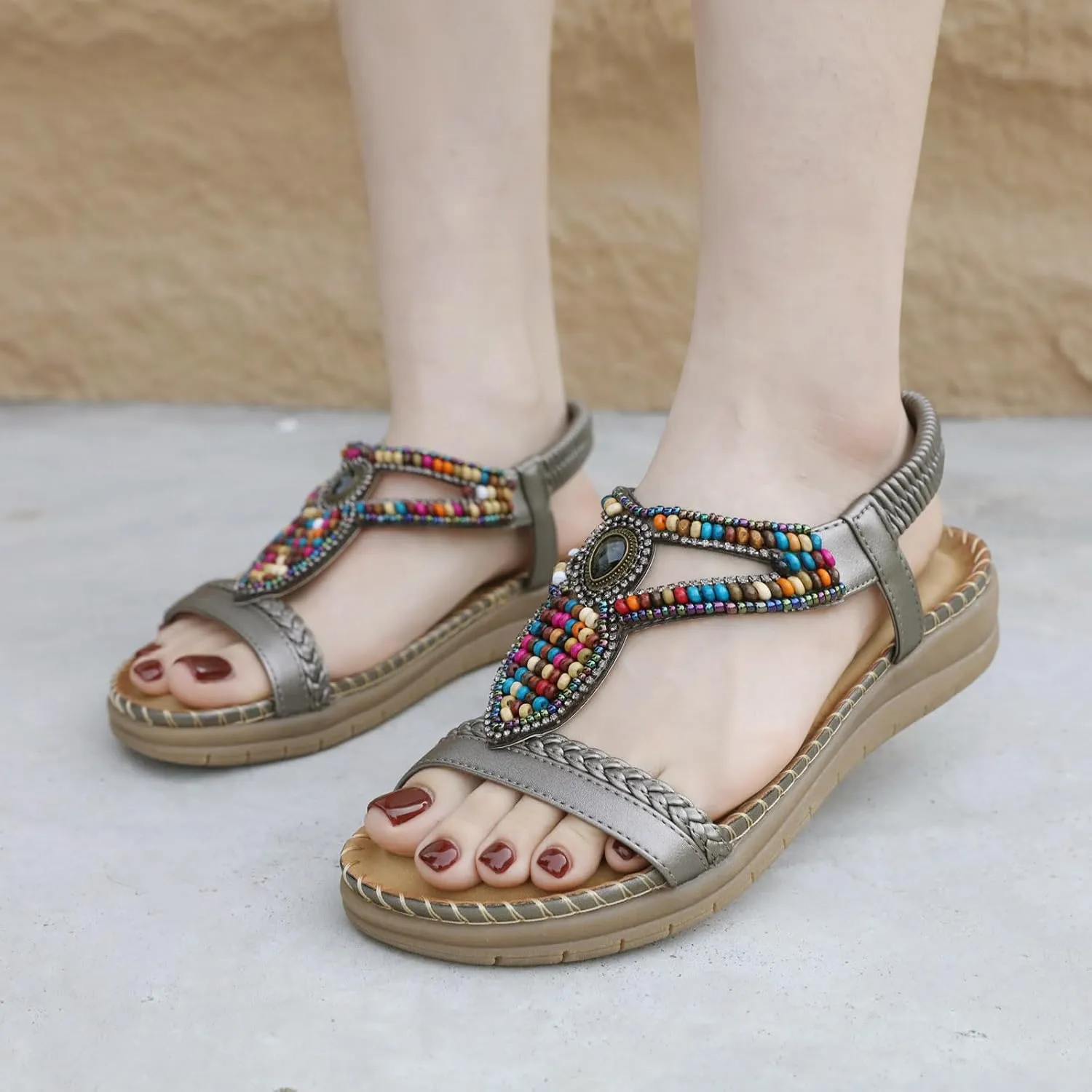 Women's Bohemian Elastic Strap Flat Thong Sandals Casual Summer Beach Slide Shoes for Outdoor Vacation Party