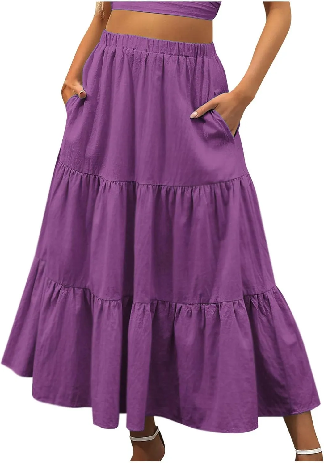 Women's Boho Elastic High Waist Pleated A-Line Flowy Swing Asymmetric Tiered Maxi Long Skirt Dress with Pockets