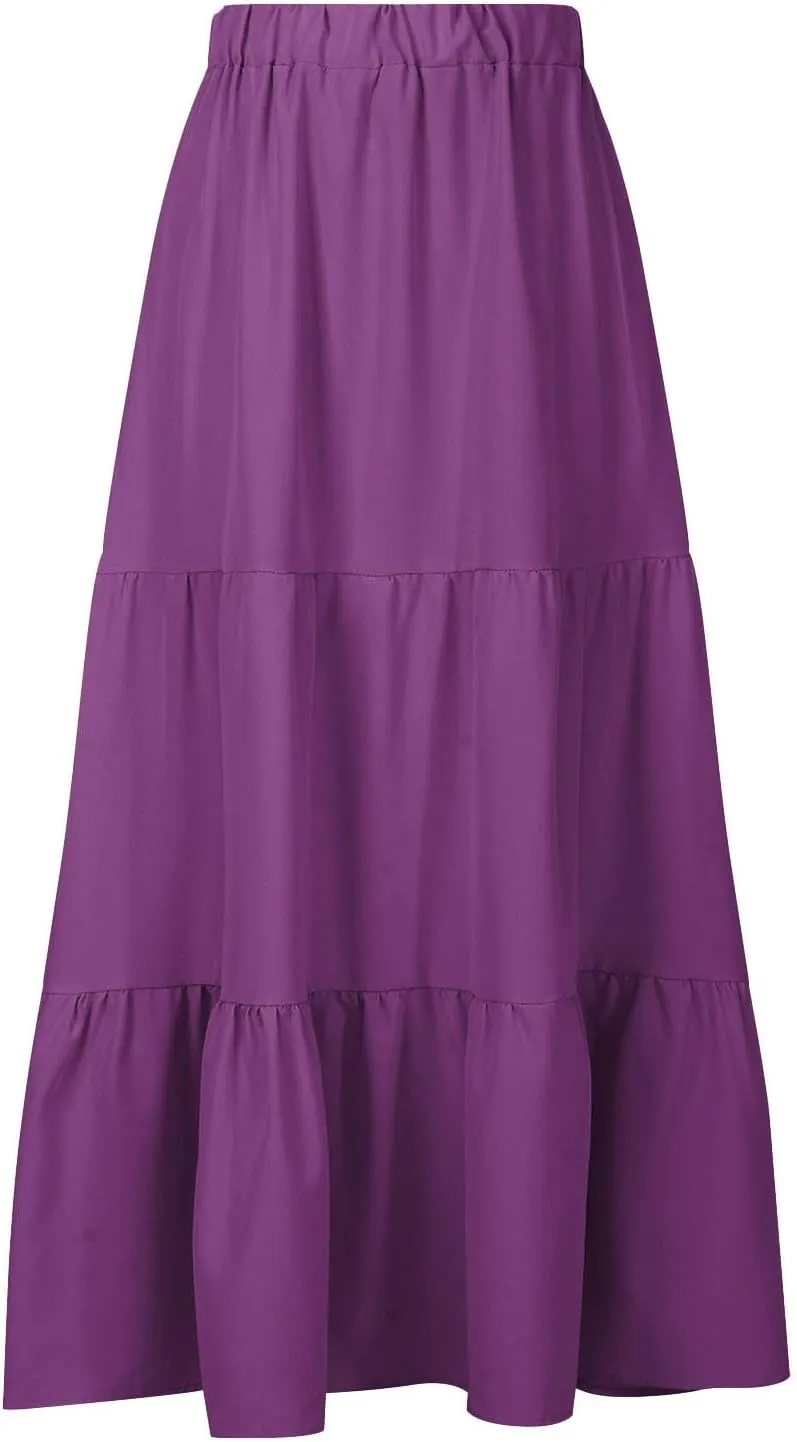 Women's Boho Elastic High Waist Pleated A-Line Flowy Swing Asymmetric Tiered Maxi Long Skirt Dress with Pockets
