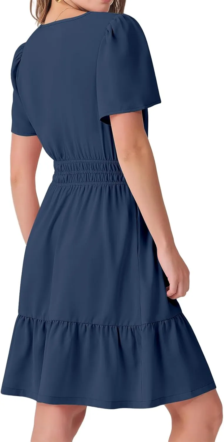 Womens Boho Short Summer Dresses Casual Beach Vacation Sun Dress V Neck Short Sleeve Floral A-Line High Waist Dresses