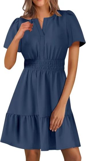 Womens Boho Short Summer Dresses Casual Beach Vacation Sun Dress V Neck Short Sleeve Floral A-Line High Waist Dresses